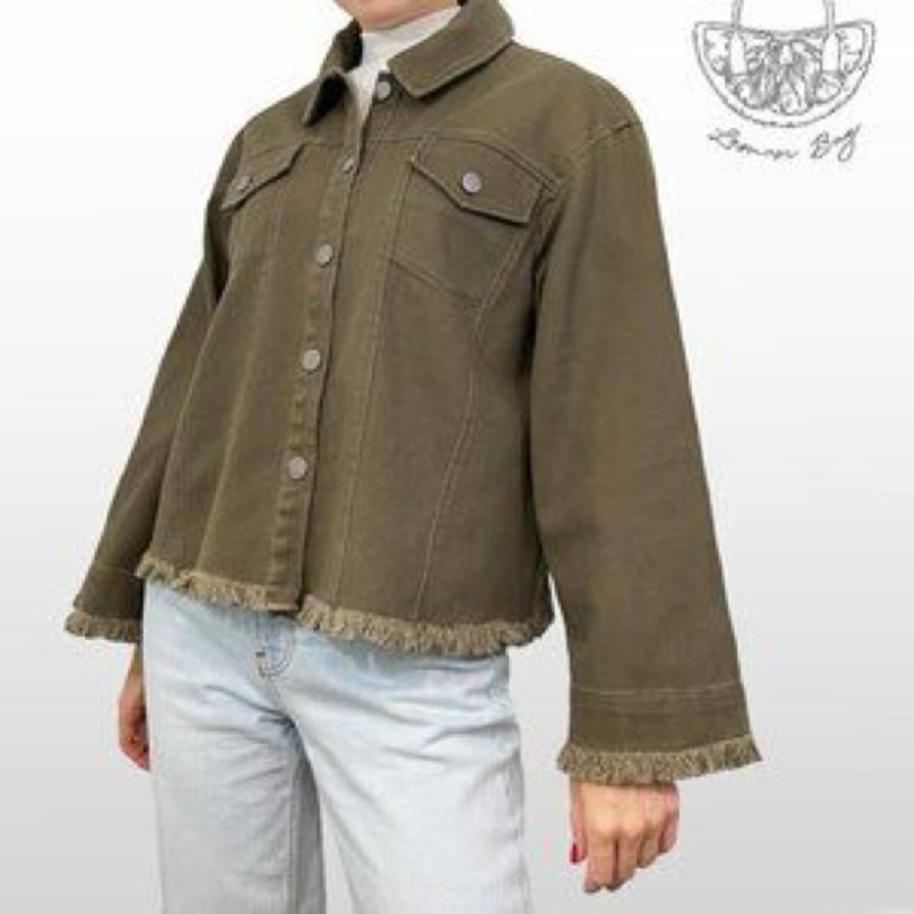 Anthropologie oversized jacket frayed hem & ruffle back